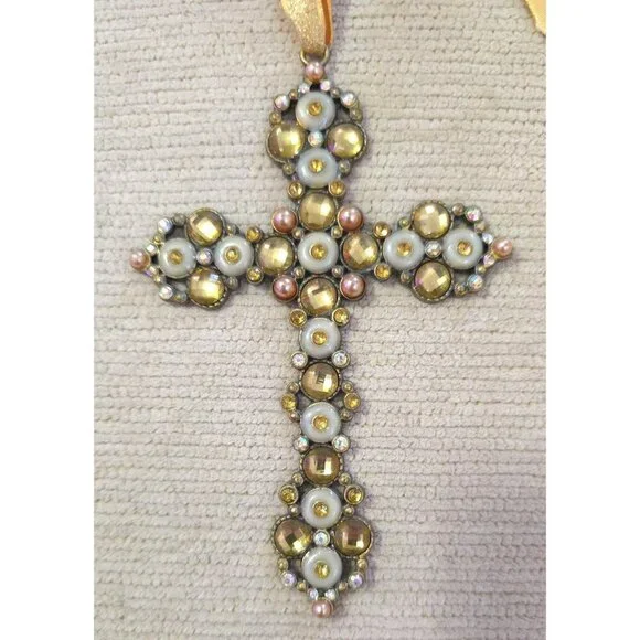 Beaded Cross Ornament With Gold & Pearl Accents On Ribbon Hanger For Wall 5"H - Picture 3 of 5
